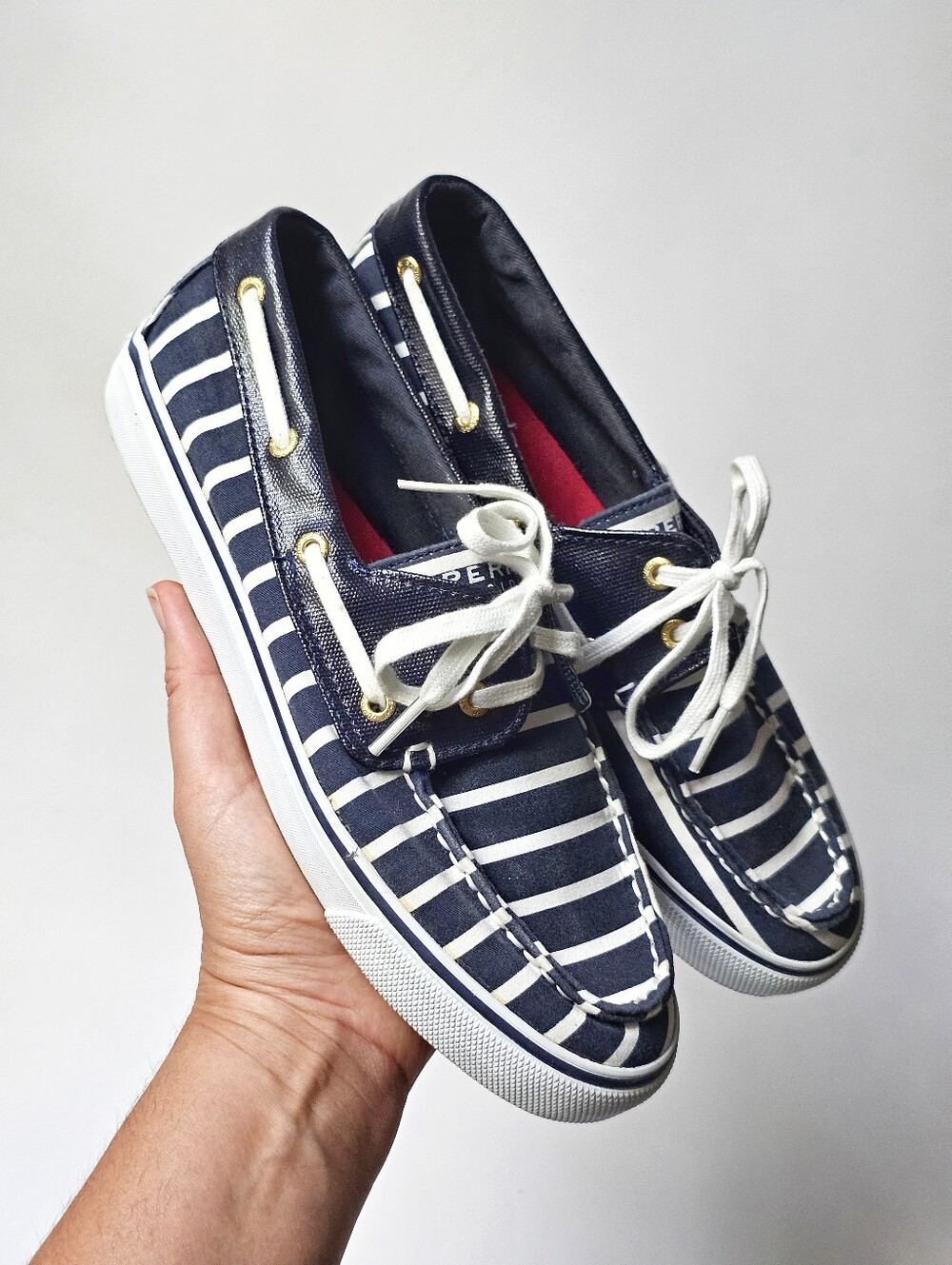 Sperry Top-Sider Striped Boat Shoes Women's 7.5 Canvas Navy White Lace-Up